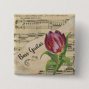 Bóton Quadrado 5.08cm Bass Guitar Elegante Tulip Vintage Sheet Music