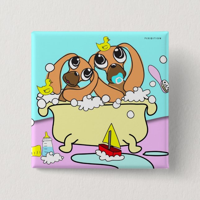 Bóton Quadrado 5.08cm Bathtub Dachshund Puppy Button 5 (Frente)