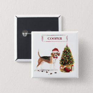 Bóton Quadrado 5.08cm Beagle Engraçado Cachorro de Natal com Árvore