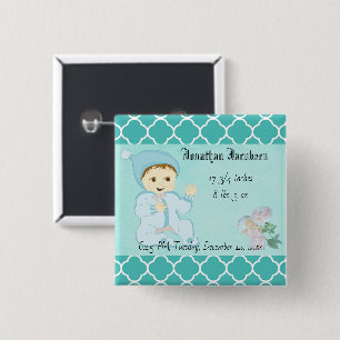 Bóton Quadrado 5.08cm Bebé infantil no azul com flores