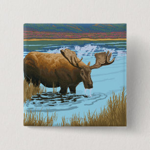 Bóton Quadrado 5.08cm Bebendo de alce no lago - Parque Nacional de Glaci