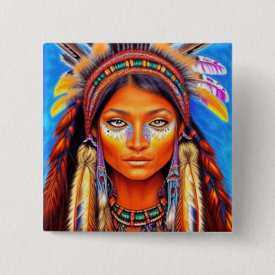 Bóton Quadrado 5.08cm Bela Mulher Nativa Americana  