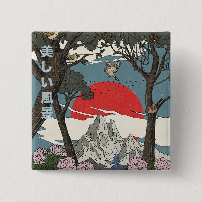 Bóton Quadrado 5.08cm Bela Paisagem Japonesa (Frente)