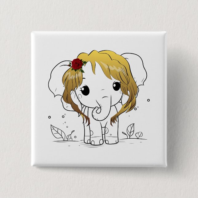 Bóton Quadrado 5.08cm Belo elefante bebê fêmea com cabelo amarelo (Frente)