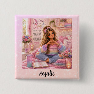 Bóton Quadrado 5.08cm Bíblia Cristã Menina Arco-Íris Rosa Pastel Bonita