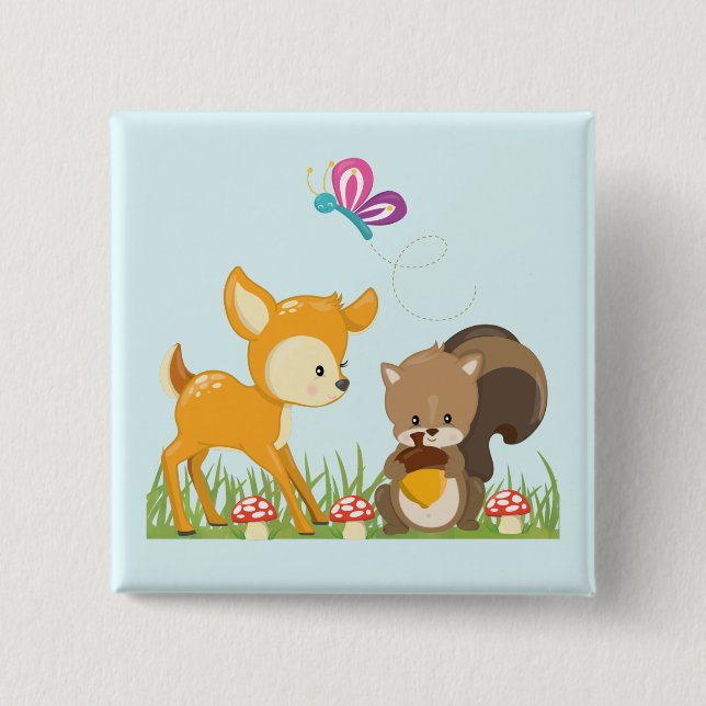 Bóton Quadrado 5.08cm Bicho de Branca de Animais Florestais (Frente)