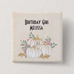 Bóton Quadrado 5.08cm Birday Girl White e Dourada Pumpkins Watercolor