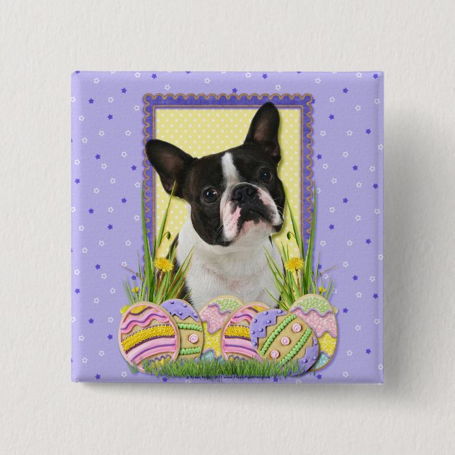 Bóton Quadrado 5.08cm Biscoitos do ovo da páscoa - Boston Terrier (Frente)