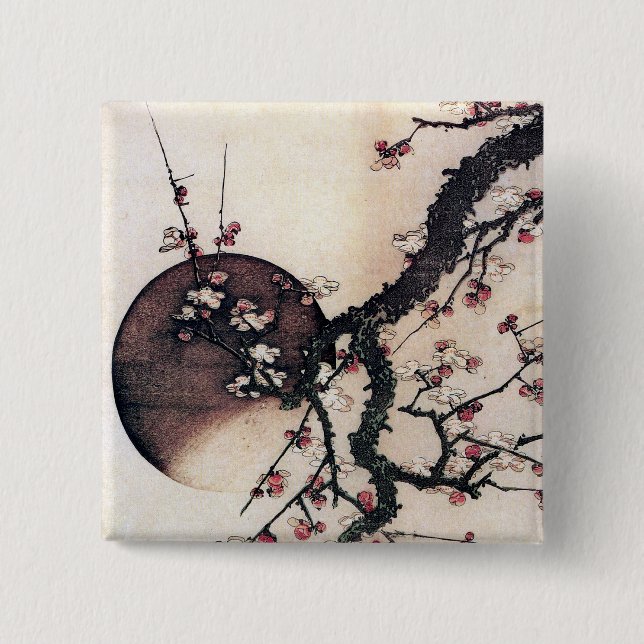 Bóton Quadrado 5.08cm Blossomas de ameixa e Lua, Hokusai (Frente)