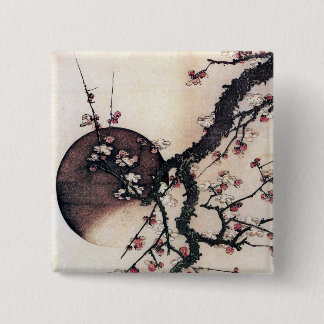 Bóton Quadrado 5.08cm Blossomas de ameixa e Lua, Hokusai