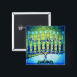 Bóton Quadrado 5.08cm Blue Green Hanukkah Menorah Peace Sparkle Shine<br><div class="desc">"Paz, brilho." Uma fotografia de perto de uma menorah brilhante, colorida, azul e verde artística ajuda-o a lançar no feriado de Hanukkah no estilo. Sinta o calor e a alegria da temporada de férias sempre que você veste este chic, colorido botão Chanucá. Cartões de correspondência, postagens, adesivos, travesseiros, utensílios domésticos,...</div>