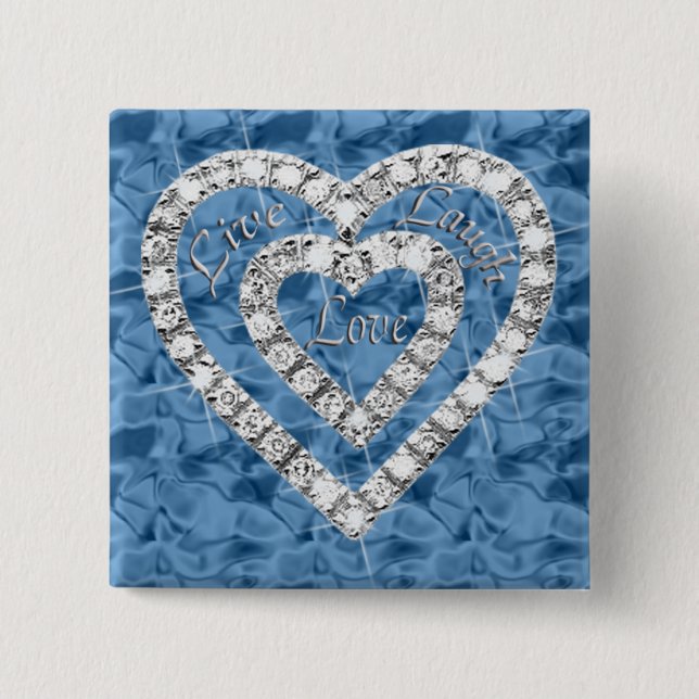Bóton Quadrado 5.08cm Blue Square Live Laugh Love Diamond Heart Button (Frente)