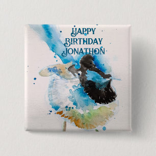 Bóton Quadrado 5.08cm Blue Wren Watercolor Happy Birthday Wrens Aqua