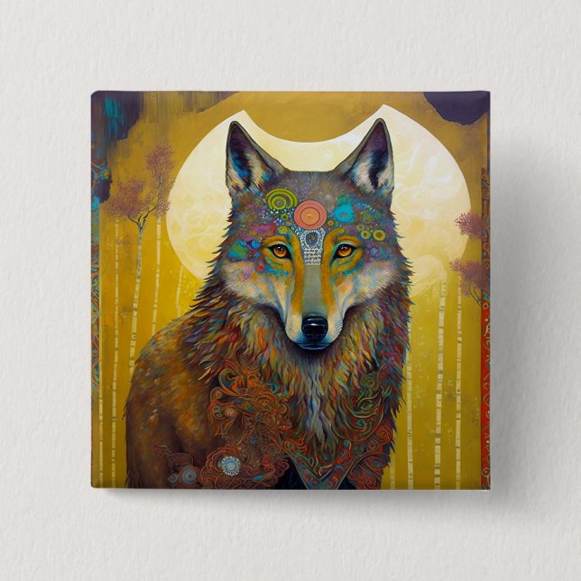 Bóton Quadrado 5.08cm Boho Wolf Surreal Willife Art (Frente)