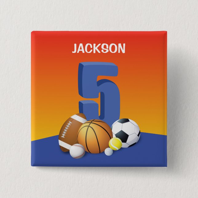 Bóton Quadrado 5.08cm Bolas de Esportes de Aniversário 5 (Frente)