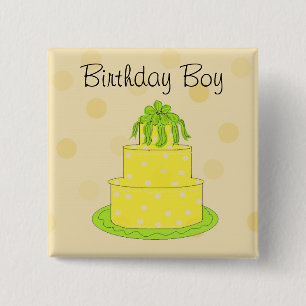 Bóton Quadrado 5.08cm Bolo Amarelo para Meninos de Aniversário