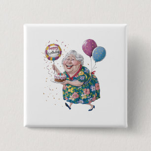 Bóton Quadrado 5.08cm Bolo e Balão de Aniversário da Vovó Engraçada