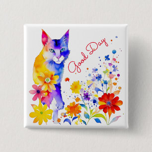 Bóton Quadrado 5.08cm Bom Dia   Gato e Flores em Aquarela 