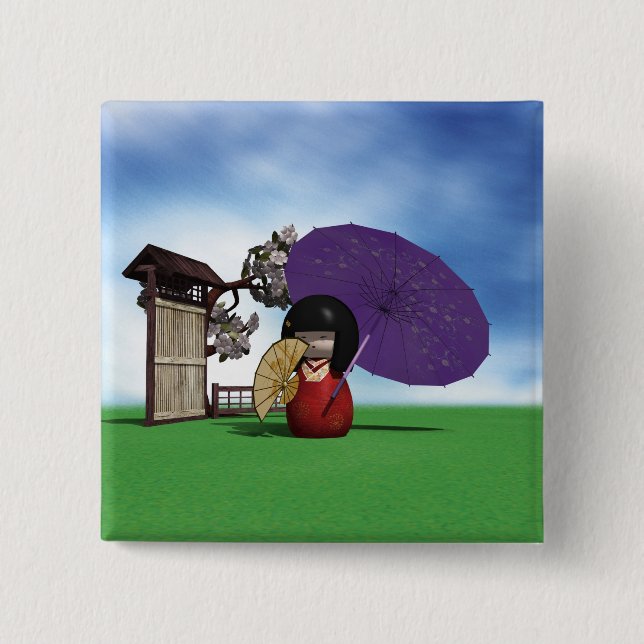 Bóton Quadrado 5.08cm Boneca Kokeshi (Frente)