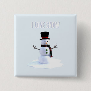 Bóton Quadrado 5.08cm Boneco de neve com chapéu e cachecol. Eu Amo Neve