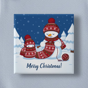 Bóton Quadrado 5.08cm Boneco de Neve Tricotando Cachecol de Natal