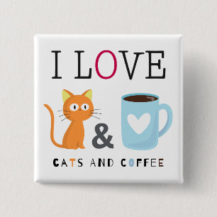 Bóton Quadrado 5.08cm Bonito Adoro Gatos e Café Branco
