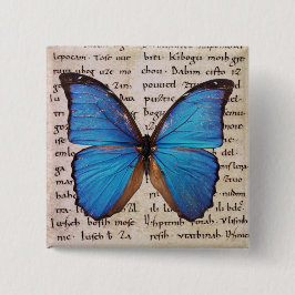 Bóton Quadrado 5.08cm Borboleta Azul Morpho na Página de Livro