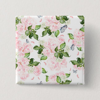 Bóton Quadrado 5.08cm Borboleta Botânica Macia Rosa Floral Aquarela