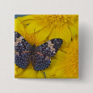 Bóton Quadrado 5.08cm Borboleta em uma Flor Amarela
