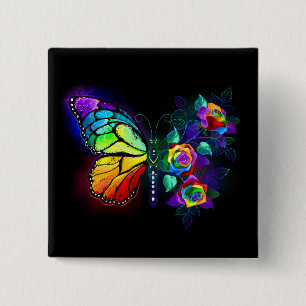 Bóton Quadrado 5.08cm Borboleta-flor-arco-íris