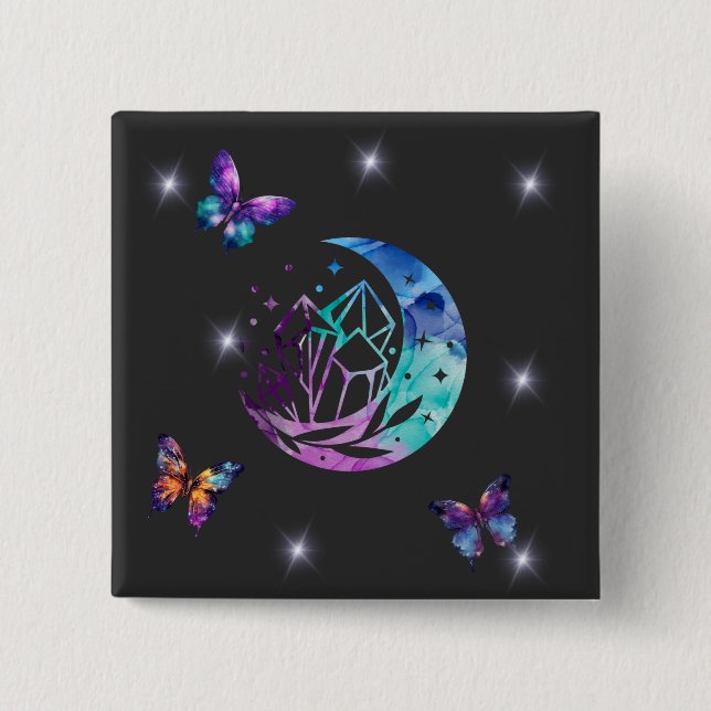 Bóton Quadrado 5.08cm Borboleta, Lua e Cristais (Frente)