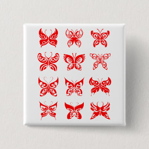 Bóton Quadrado 5.08cm Borboleta Tribal Vermelha Ornamental