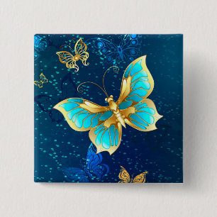 Bóton Quadrado 5.08cm Borboletas de Ouro em um fundo azul