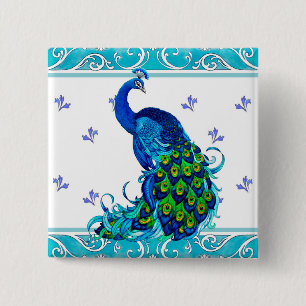 Bóton Quadrado 5.08cm Borda de espiral azul e Design de Peacock