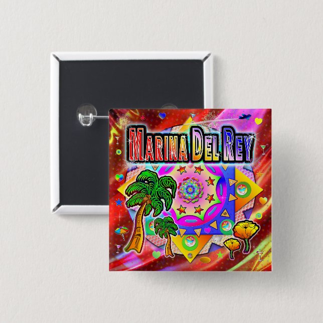 Bóton Quadrado 5.08cm Botão Amigos Tropicais Marina Del Rey (Frente & Verso)