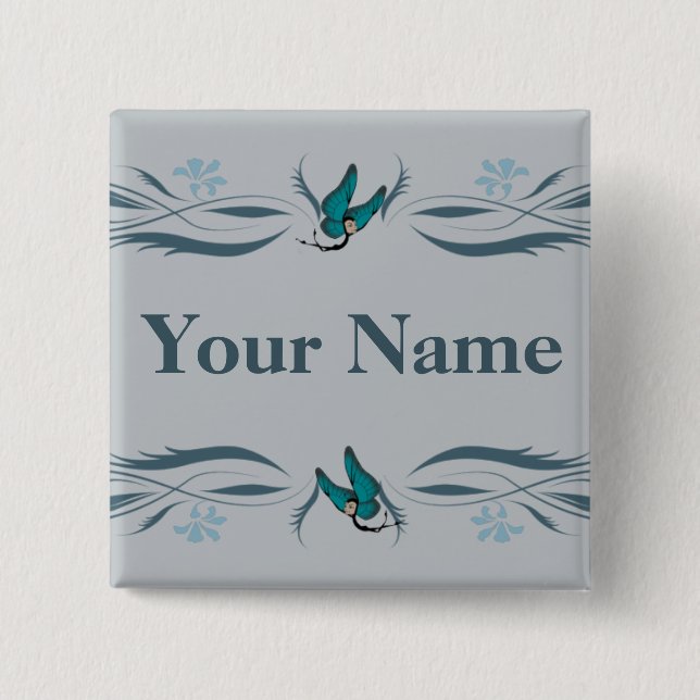 Bóton Quadrado 5.08cm Botão azul com Butterfairies (Frente)