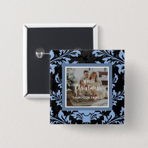 Bóton Quadrado 5.08cm Botão azul de foto personalizada de Feliz Natal