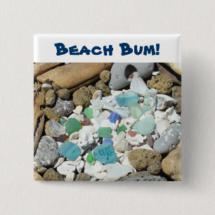 Bóton Quadrado 5.08cm Botão Beach Bum! Vidro de Mar Azul Madeira Fóssil