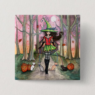 Bóton Quadrado 5.08cm Botão Bruxa de Halloween e Pinback de Cat