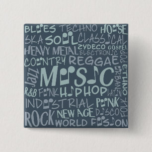 Bóton Quadrado 5.08cm Botão Colagem de Palavras de Genres de Música