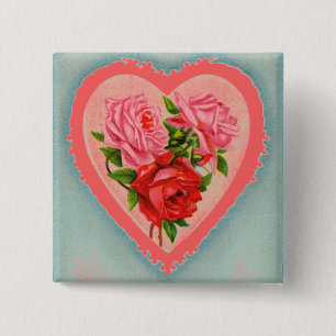 Bóton Quadrado 5.08cm Botão Coração e Rosas
