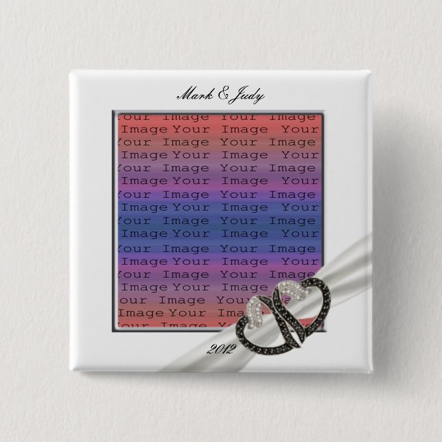 Bóton Quadrado 5.08cm Botão Corações de Diamante Preto e Branco (Frente)