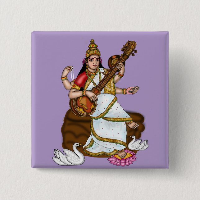 Bóton Quadrado 5.08cm Botão da Deusa Saraswati (Frente)