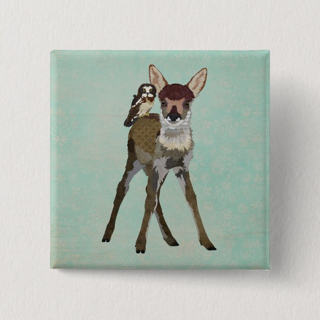 Bóton Quadrado 5.08cm Botão da jovem corça & da coruja (Frente)