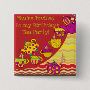 Bóton Quadrado 5.08cm Botão de Aniversário do Tea Party