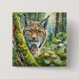 Bóton Quadrado 5.08cm Botão de Aquarela do Lynx em Floresta Verde Lush