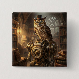 Bóton Quadrado 5.08cm botão de arte de engrenagem de coruja steampunk
