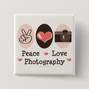 Bóton Quadrado 5.08cm Botão de Câmera Fotográfica Peace Love