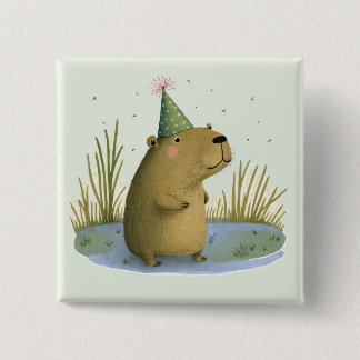 Bóton Quadrado 5.08cm Botão de Chapéu Festivo Capybara Birthday