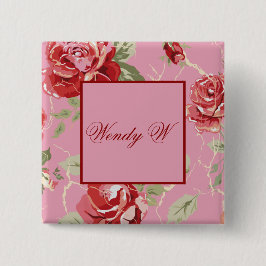 Bóton Quadrado 5.08cm Botão de flor da rosa vermelha de cereja